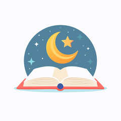 Open Book with Crescent Moon and Stars Illustration