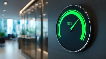 Ai in credit scoring concept with modern digital gauge showing 10 percent in office environment, innovative and futuristic