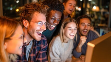 Obraz premium Ai in credit scoring group of young adults excitedly collaborating on computer project in modern office at night