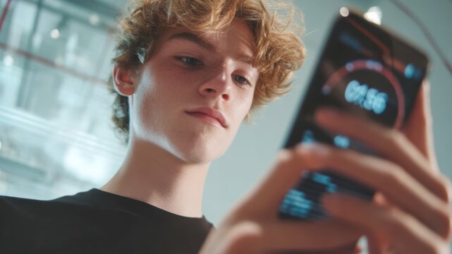 Young man using ai in credit scoring technology on smartphone, focused expression, modern digital environment, close up