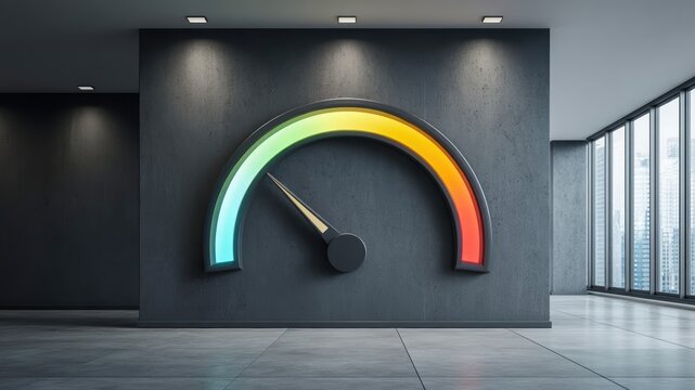 Ai in credit scoring concept with modern gauge meter on dark wall in office interior showing low score and futuristic technology