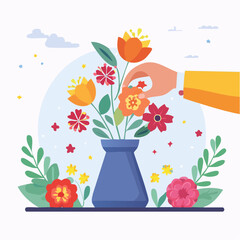 Arranging Colorful Flowers in a Blue Vase