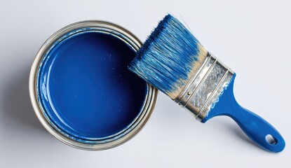 Blue paint can and paintbrush