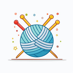 Blue Yarn Ball with Knitting Needles and Colorful Confetti