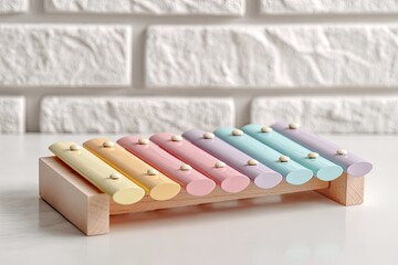Pastel-colored xylophone toy on a white surface