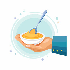 Hand Holding Bowl of Yellow Food with Spoon