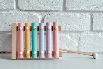 Pastel-colored xylophone on white surface against a white brick wall