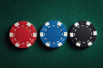 Three poker chips on a green felt surface