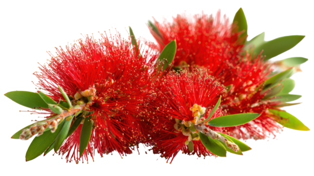 Vibrant red bottlebrush flower cluster isolated on transparent background
