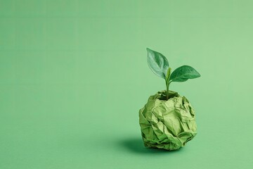 A small sprout emerging from a crumpled ball of paper on a vibrant green background