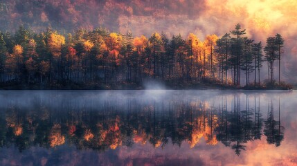 Misty lake reflecting vibrant autumn forest with sunrise for peaceful serene autumnal scene nature beauty landscape concept