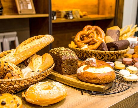 Assorted baked goods displayed in a bakery - Powered by Adobe