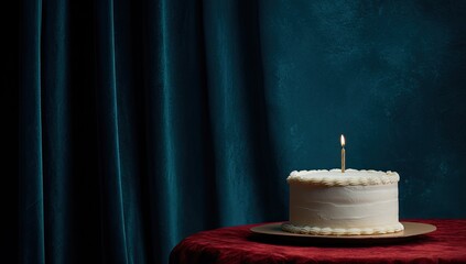 Single birthday cake with lit candle, against dark teal velvet drapes