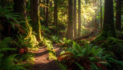 Sunlight filters through a lush forest path
