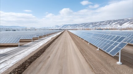 Aerial View of Solar Power Plant with Snow Capped Mountains and Blue Skies in Winter Landscape
