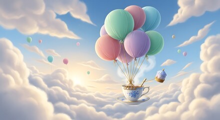 Obraz premium Surreal Floating Cup Of Coffee With Balloons And Cupcake Ascending Amidst Clouds At Sunrise