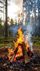 Campfire in the woods at sunset