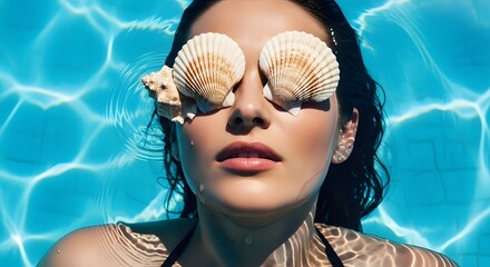 Woman in pool with seashells over eyes relaxed summertime vacation lifestyle