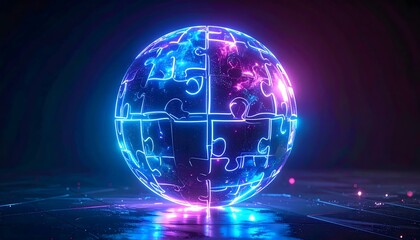 Abstract Glowing Puzzle Sphere Globe with Neon Blue Pink Light Futuristic Technology Concept