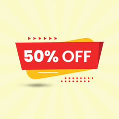 Fototapeta premium Promotional banner with 50 discount offer on yellow rays background for marketing campaign