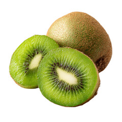 Fototapeta premium A whole kiwi fruit and two slices, showcasing its vibrant green flesh and tiny black seeds. background removed