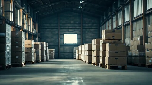 Warehouse interior with stacked boxes on pallets, ready for shipping and storage.