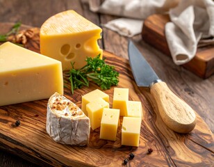 Assorted cheeses on a wooden board