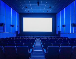 Fototapeta premium Modern empty cinema hall, striking blue ambient light, wide blank screen