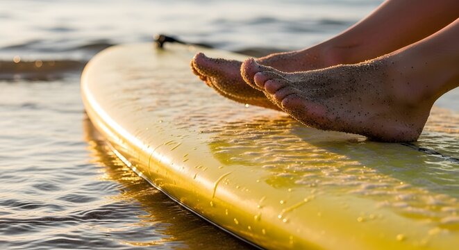 Close up of bare feet resting on a yellow surfboard at the edge of the ocean water at sunset