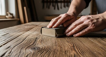 Obraz premium Carpenter Sanding Rough Wooden Tabletop with Sandpaper in Workshop Close Up