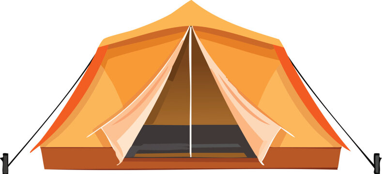 Front view of a vibrant orange A-frame camping tent with open flaps, isolated vector illustration for outdoor adventure and travel themes