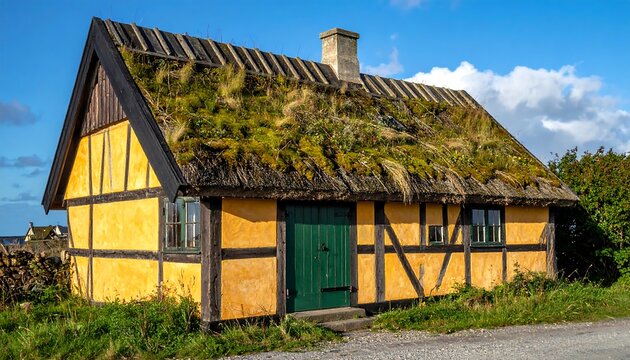 Rustic yellow house with a grassy roof