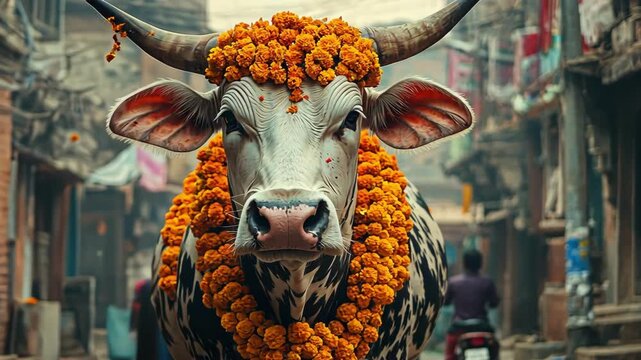 Decorated cow in a Nepal street, adorned with marigold garlands for Tihar festival.