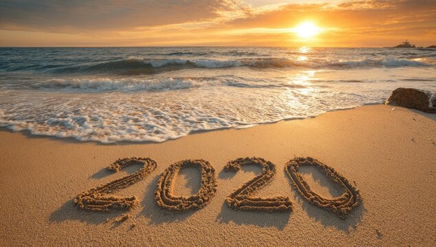 Sandy beach sunset with 2020