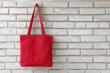 Red tote bag hanging on a white brick wall (1)