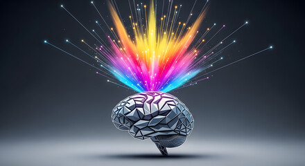 Brain with colorful energy bursts representing innovation, creativity, and ideas generation
