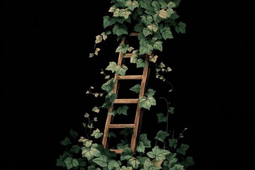 Wooden ladder surrounded by overgrown ivy