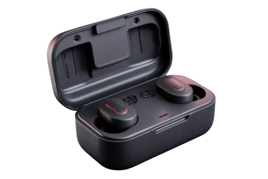 Wireless earbuds in charging case, sleek black design with red accents. Portable audio. background removed - Powered by Adobe