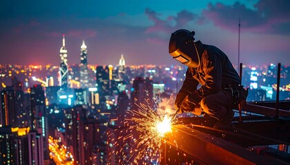 Fototapeta premium Skilled Welder Working on High Rise Construction Site at Dusk City Skyline Illuminated with Bright Lights