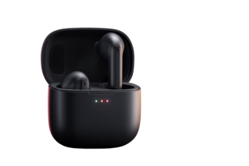 Black wireless earbuds in charging case, modern design, portable audio. background removed