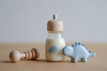 Baby bottle and dinosaurs on a light wooden table