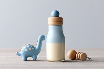 Pastel blue and cream bottle with dinosaur toy