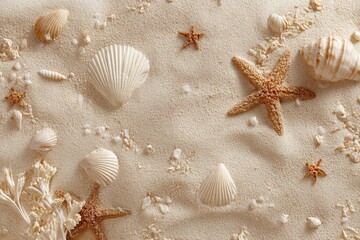 Seashells and starfish on beige sand (2)
