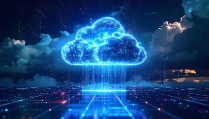 Futuristic Blue Cloud Computing and Data Transfer Concept with Digital Grid and Light Trails