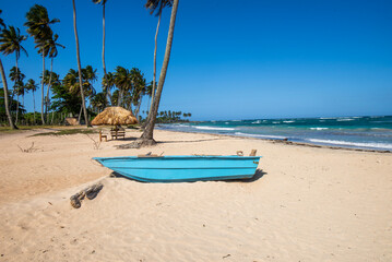 Serene and picturesque scene of  a Maria Trinidad Sanchez beach, tranquil shoreline, showcasing its signature blend of calm lagoon-like waters and the open Atlantic Ocean.,