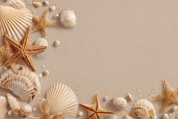 Seashell border on beige sand