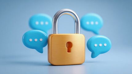 The concept of social media content control. A golden padlock surrounded by blue speech bubbles, symbolizing privacy and secure communication in the digital world.