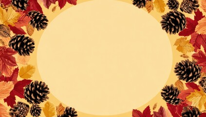 Autumnal circle frame with leaves and pine cones
