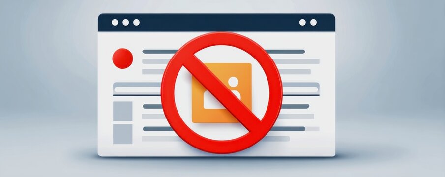 The concept of social media content control. A digital illustration showing a webpage with a "no image" symbol, indicating a missing or prohibited image.