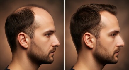 Fototapeta premium Before and after hair transplant, a man with bald spots and grown hair. Hair loss concept with successful treatment.